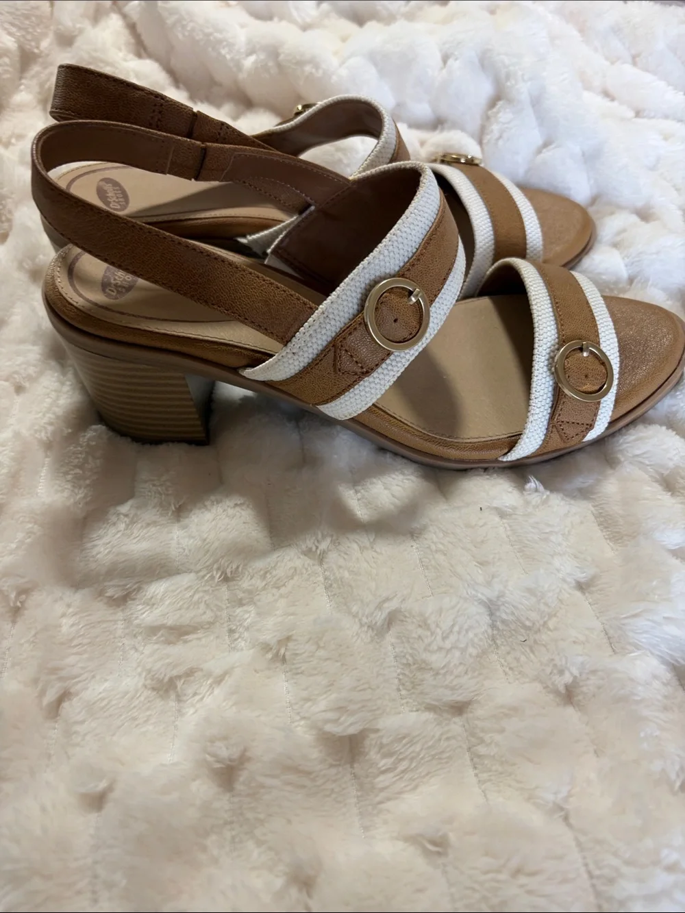 Dr. Scholl's Tan and White Buckle Slingback Sandals